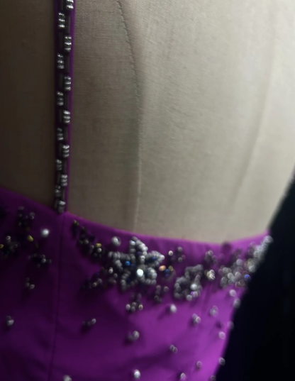 Classy Spaghetti Straps Purple Chiffon Beaded Long Wedding Guest Dress Formal Birthday Prom Dress Party Gown