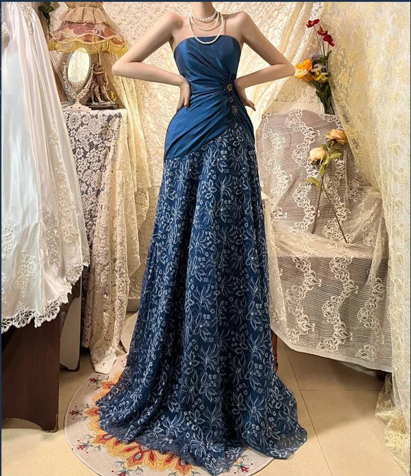 Sapphire blue exquisite beaded pleated elegant and charming retro fashion floral long taffeta lace ball gown evening dress gh4435