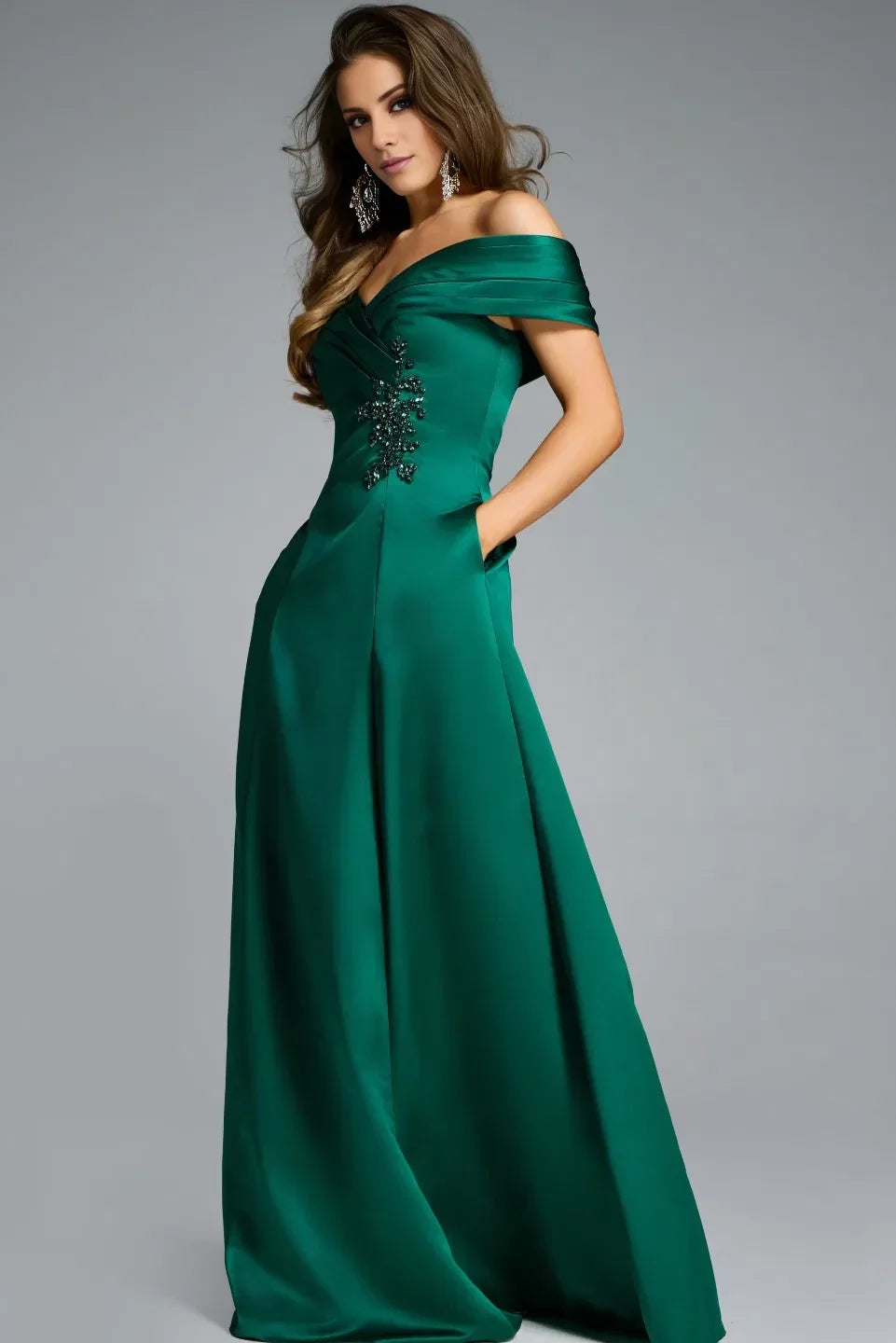 Shoulderless A-line with decorative details and floor length evening dress