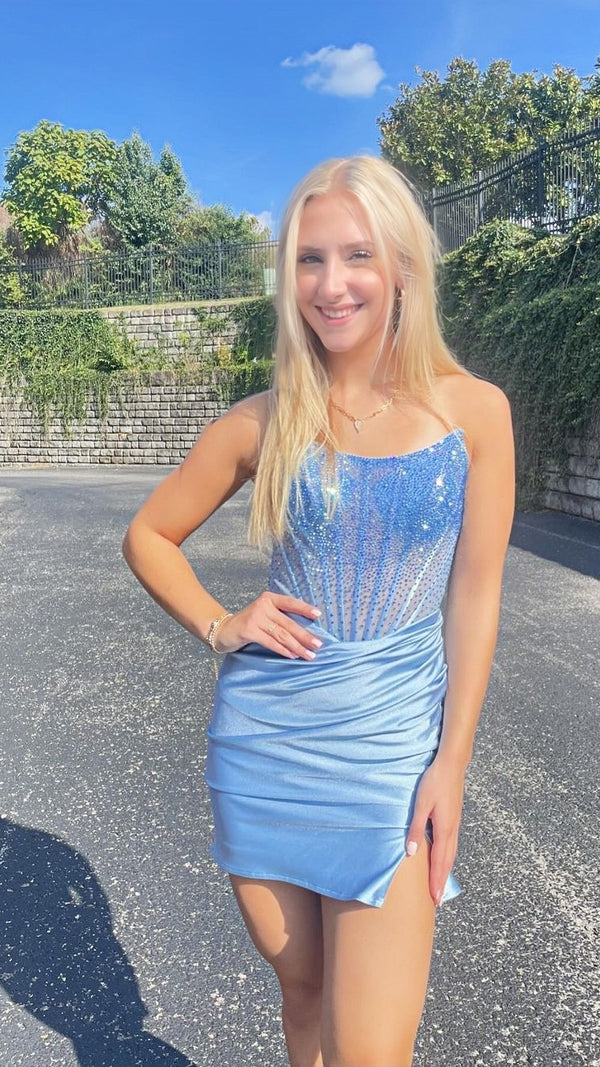 Fashion Light Blue Sequined Beaded Design Short Strapless Homecoming Dress TP3546
