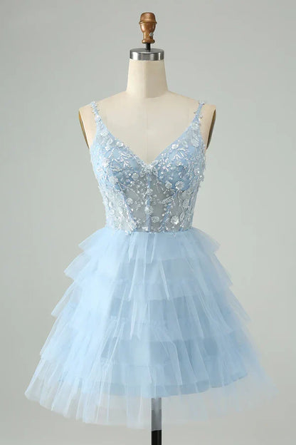 Vintage Light Blue Beaded Design Spaghetti Strap Short Homecoming Dresses  TP3516