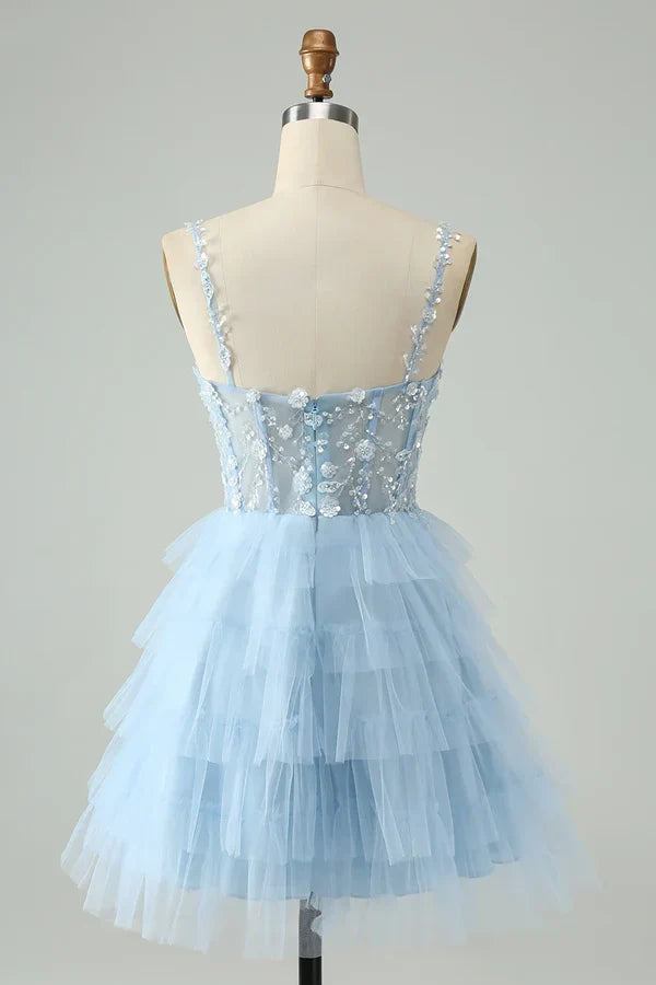 Vintage Light Blue Beaded Design Spaghetti Strap Short Homecoming Dresses  TP3516