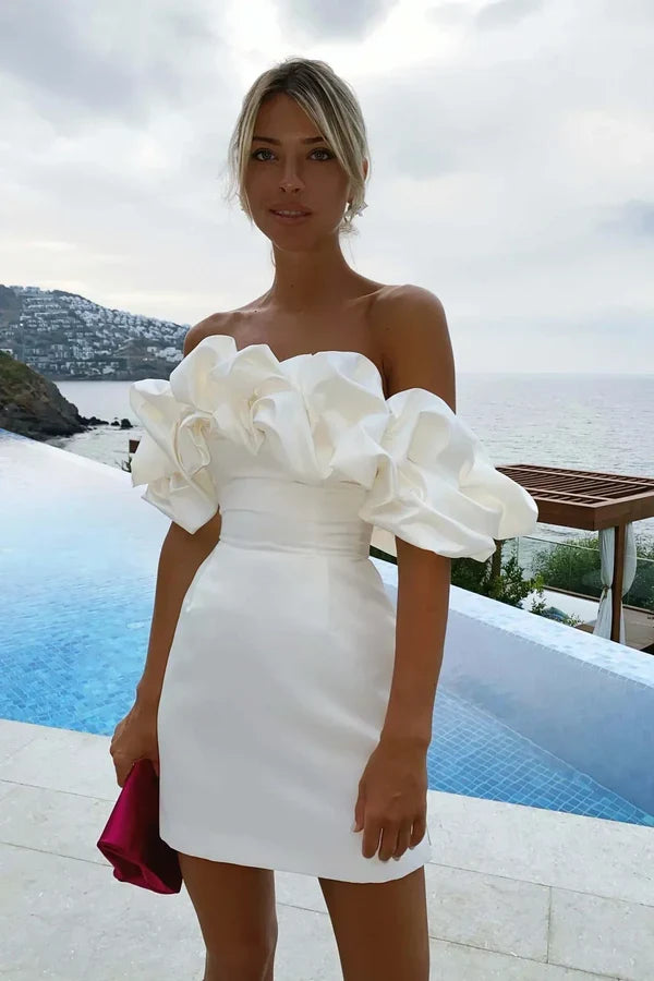 Charming White Strapless Off-the-shoulder Design A-line Short Strapless Homecoming Dress TP3612