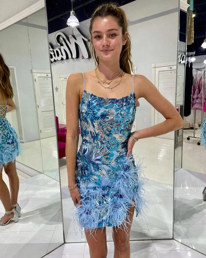 Fashion Blue Sequined Design Elegant Feather Bodycon Spaghetti Strap Homecoming Dress TP3554