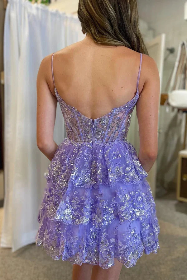 Charming Light Purple Lace Sequined Design A-line Mini Spaghetti Strap Tiered Homecoming Dress TP3606