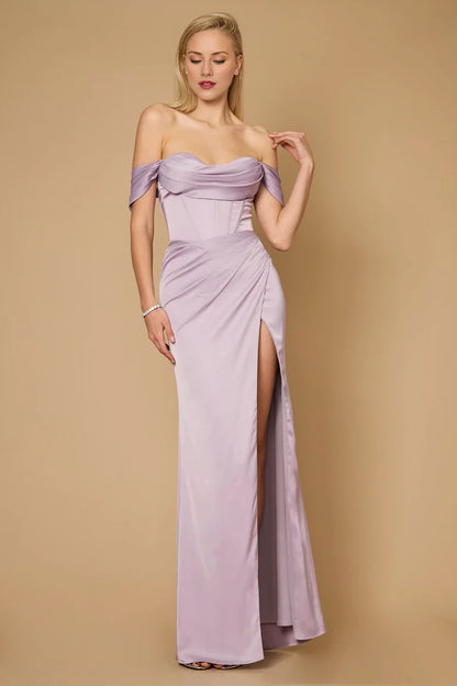 Square neckline off shoulder sleeveless backless side slit and floor length Prom dress