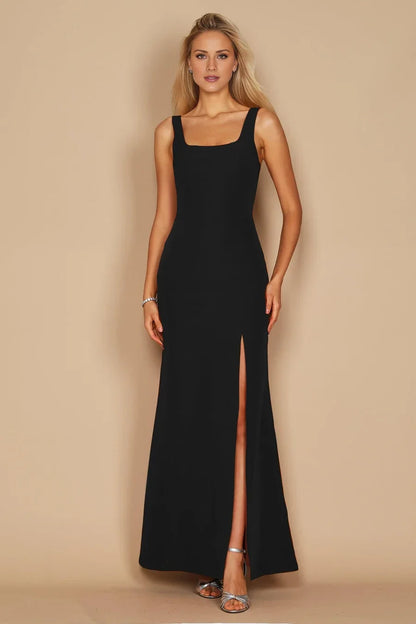Square neckline off shoulder sleeveless backless side slit and floor length Prom dress