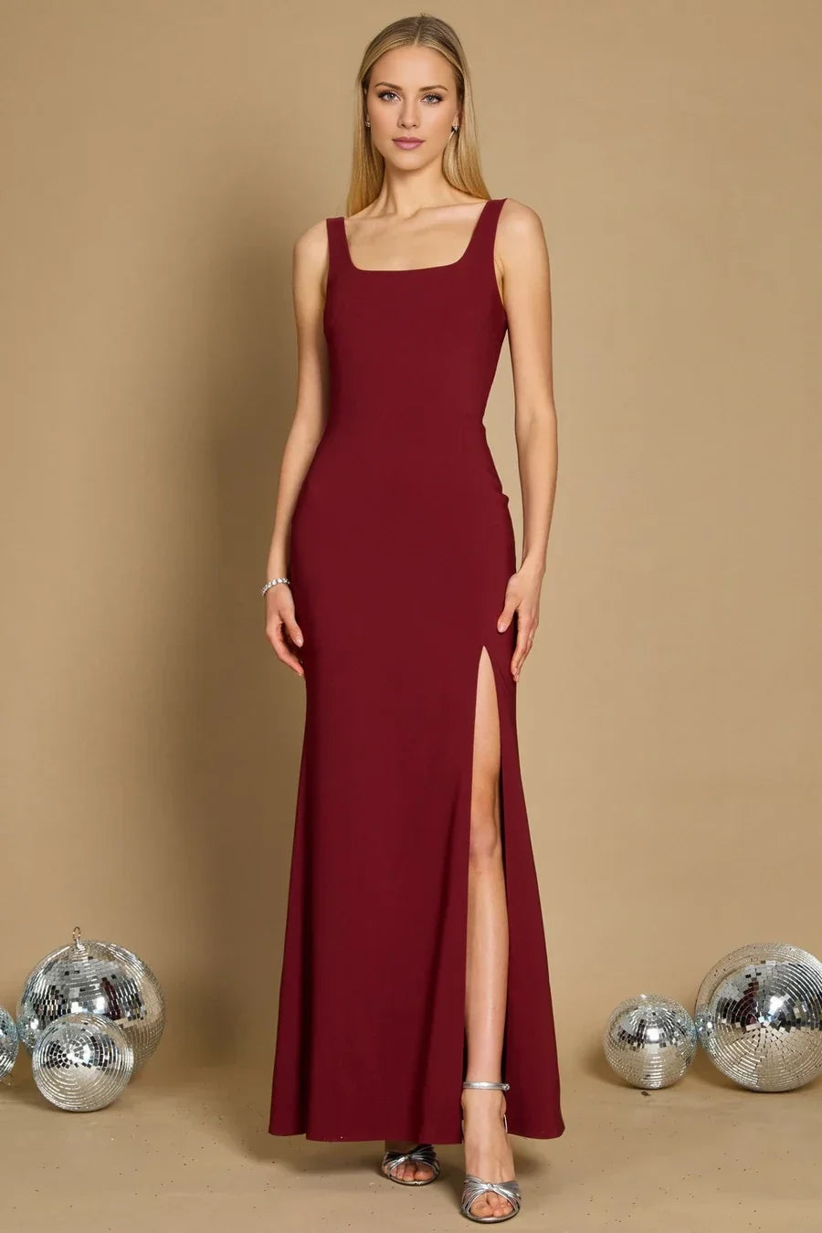Square neckline off shoulder sleeveless backless side slit and floor length Prom dress