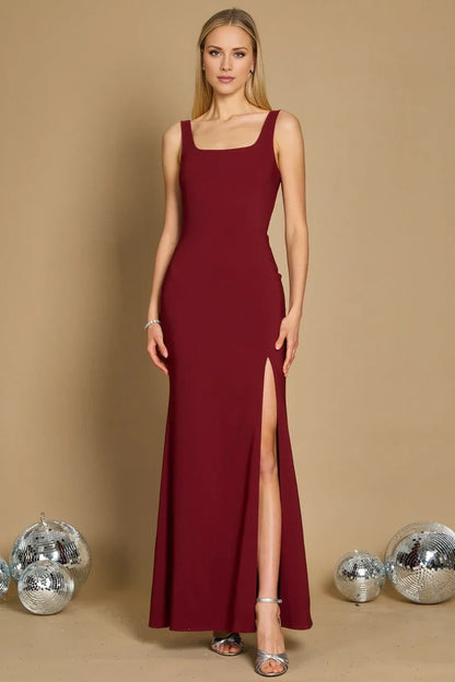 Square neckline off shoulder sleeveless backless side slit and floor length Prom dress