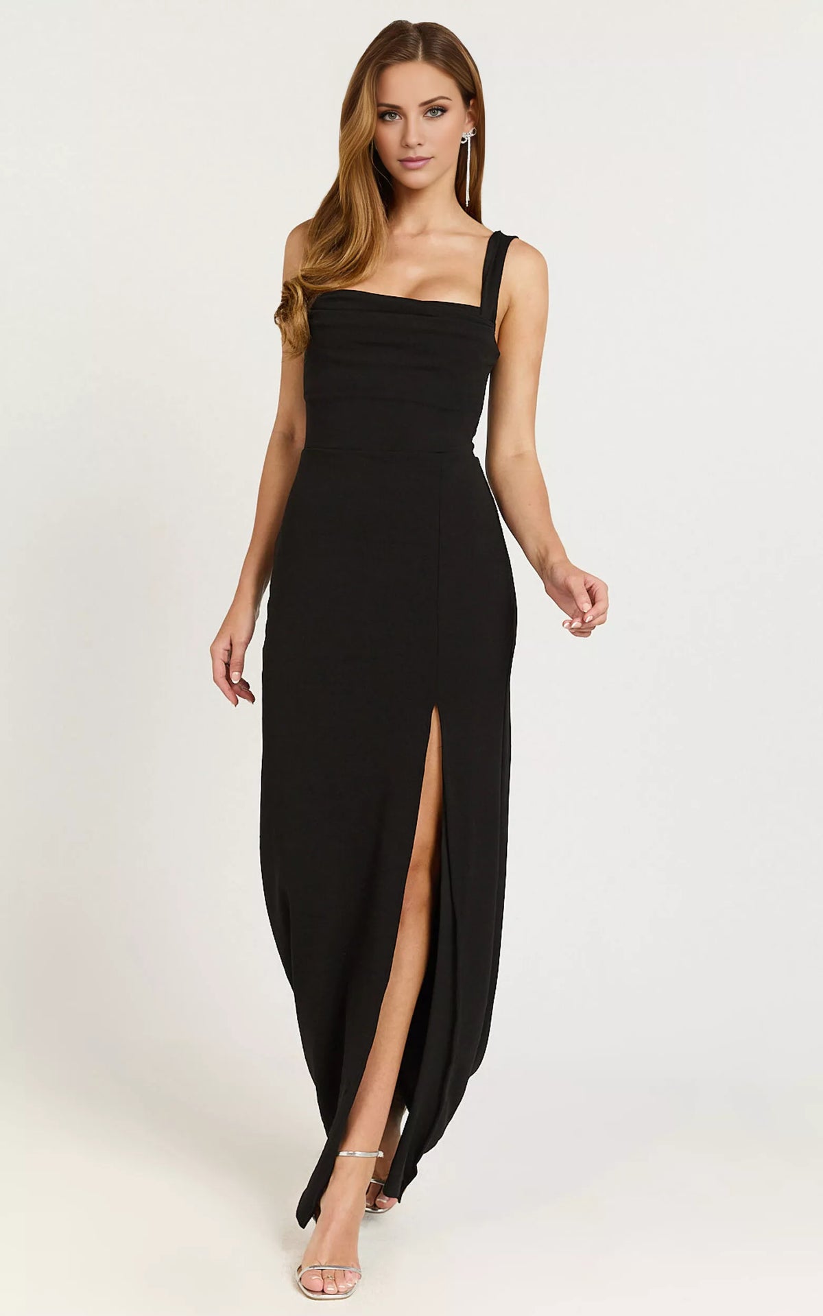 Square neckline off shoulder sleeveless backless side slit and floor length Prom dress