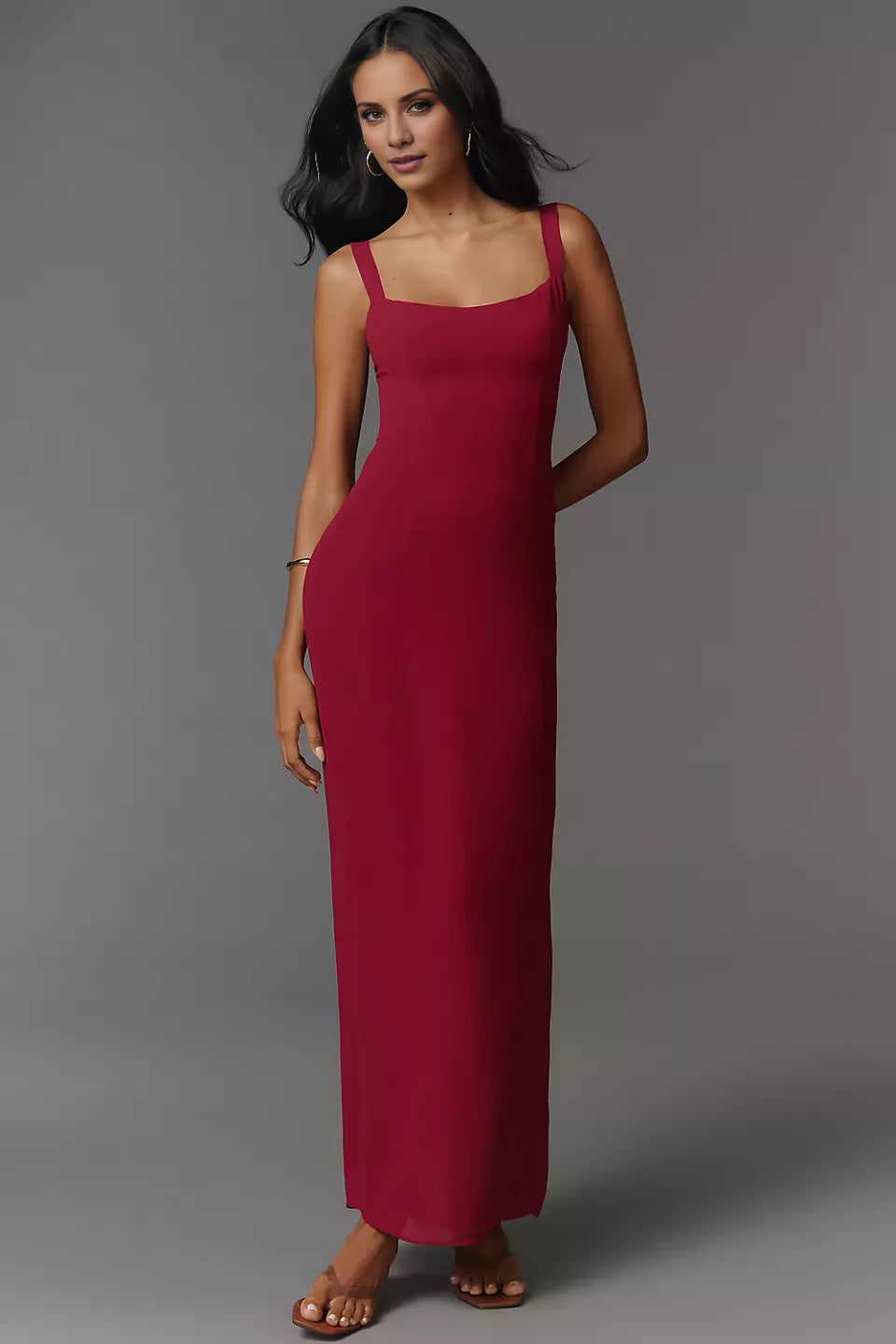 Square neckline off shoulder sleeveless backless slit and floor length Prom dress
