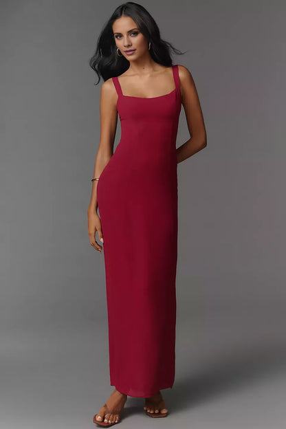Square neckline off shoulder sleeveless backless slit and floor length Prom dress