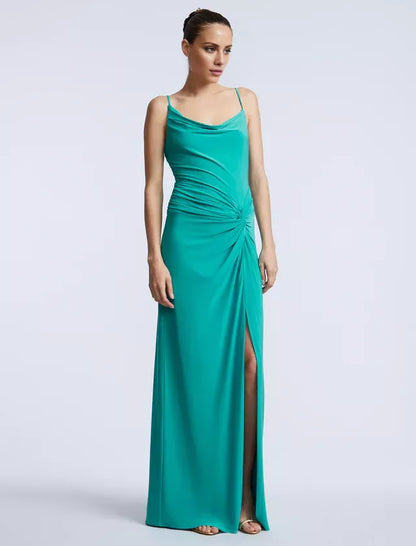 Square neckline off shoulder thin shoulder straps side slit and floor length evening dress