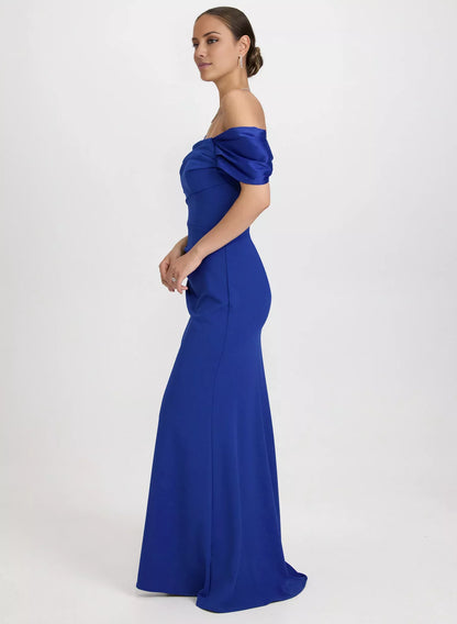 Square neckline short sleeved backless and floor length evening dress