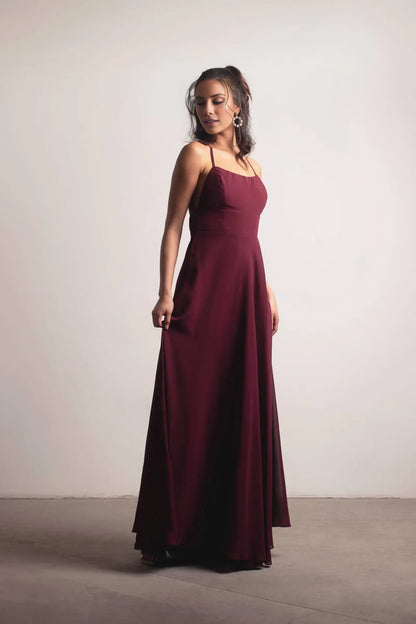 Square neckline sleeveless thin shoulder strap backless and floor length Prom dress