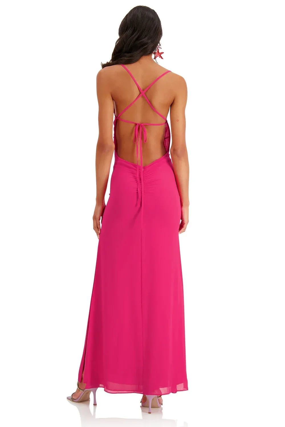 Square neckline sleeveless thin shoulder strap backless and floor length evening dress