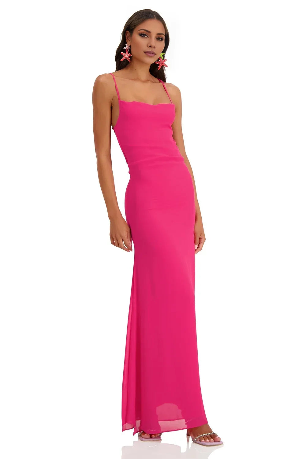 Square neckline sleeveless thin shoulder strap backless and floor length evening dress