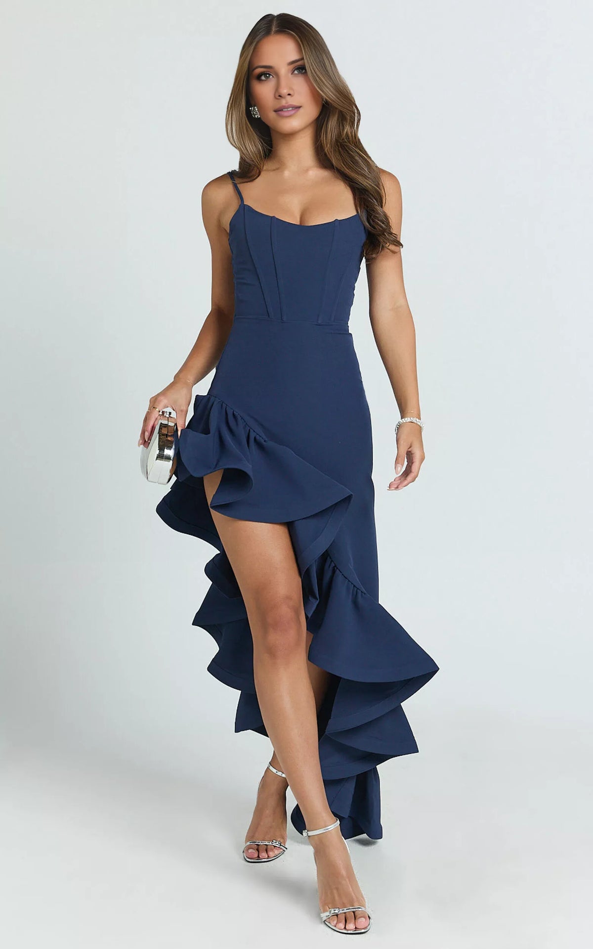 Square neckline sleeveless thin shoulder strap backless ruffle edge side slit and floor length Prom dress