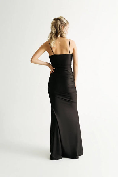 Square neckline sleeveless thin shoulder strap exposed back side slit and floor length Prom dress