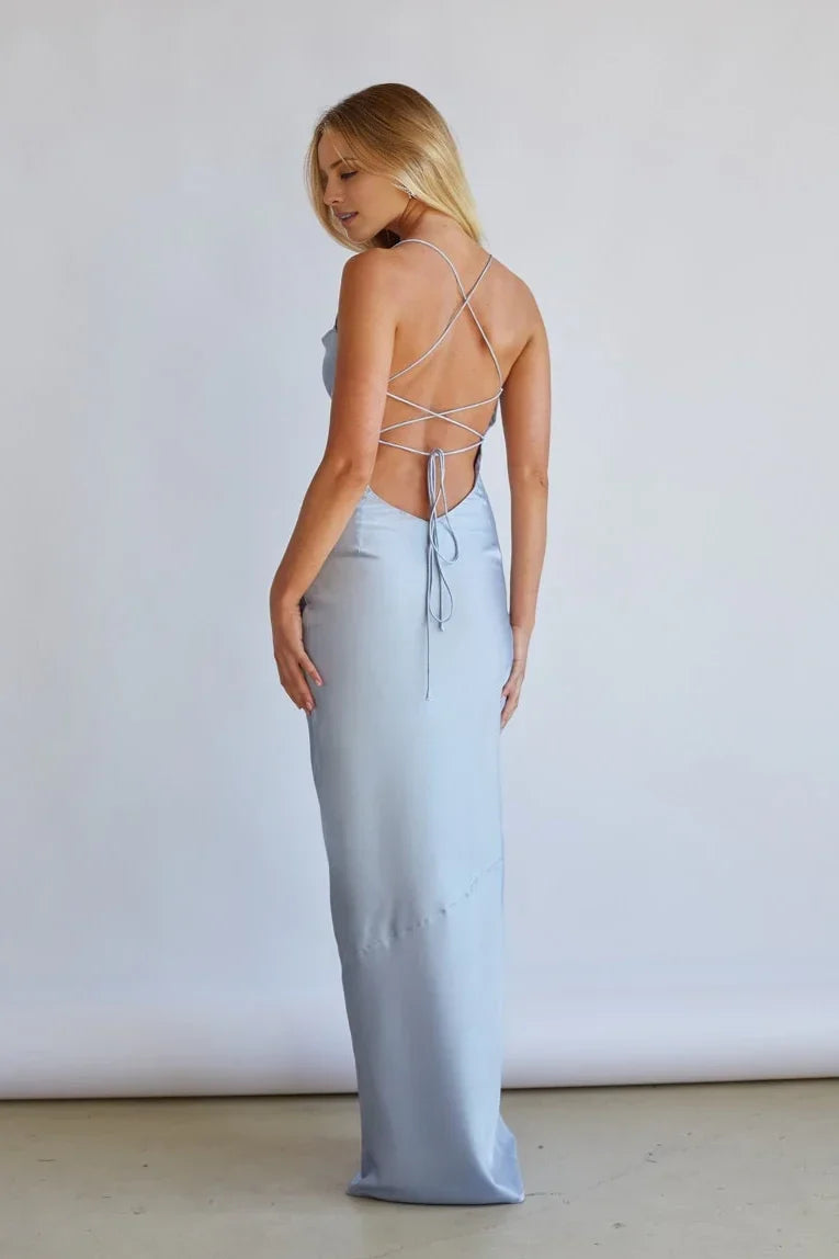 Square neckline sleeveless thin shoulder strap exposed back side slit and floor length Prom dress