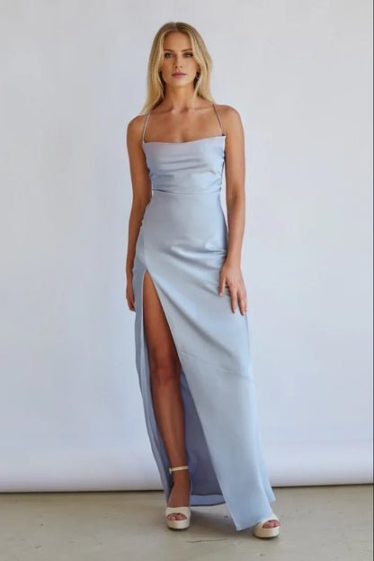 Square neckline sleeveless thin shoulder strap exposed back side slit and floor length Prom dress