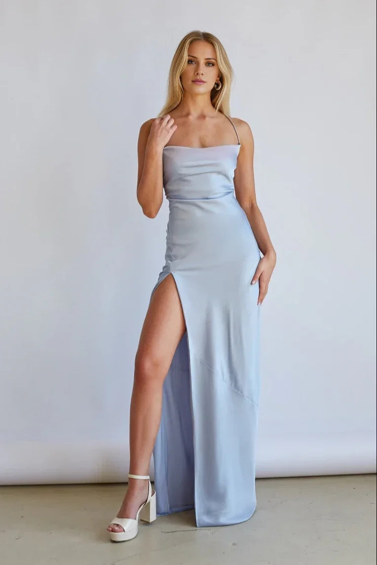 Square neckline sleeveless thin shoulder strap exposed back side slit and floor length Prom dress