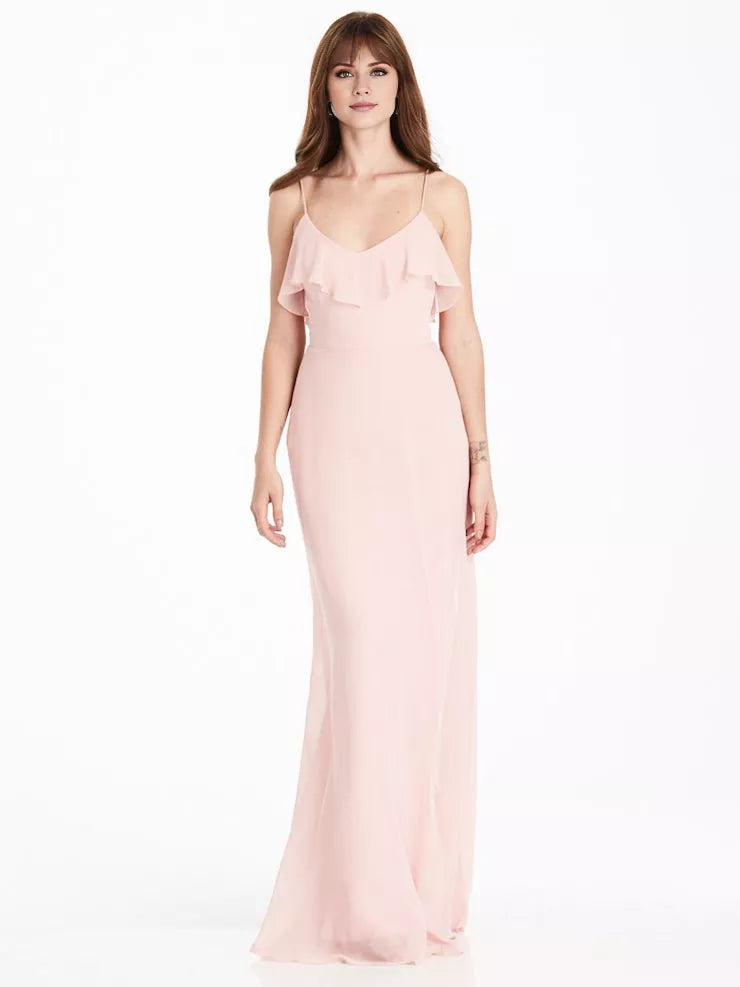 Straight V-neck off shoulder sleeveless thin shoulder strap backless and floor length Prom dress