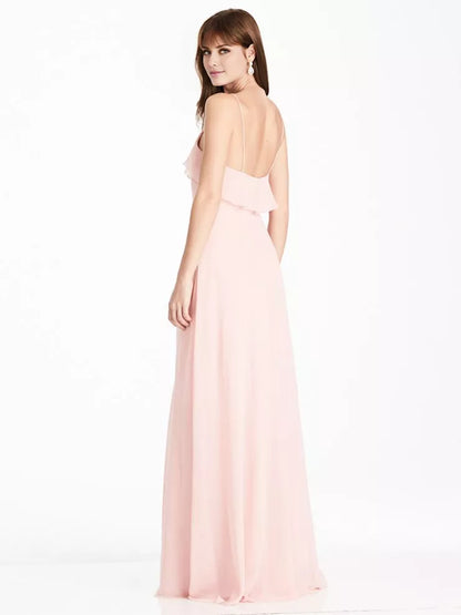 Straight V-neck off shoulder sleeveless thin shoulder strap backless and floor length Prom dress