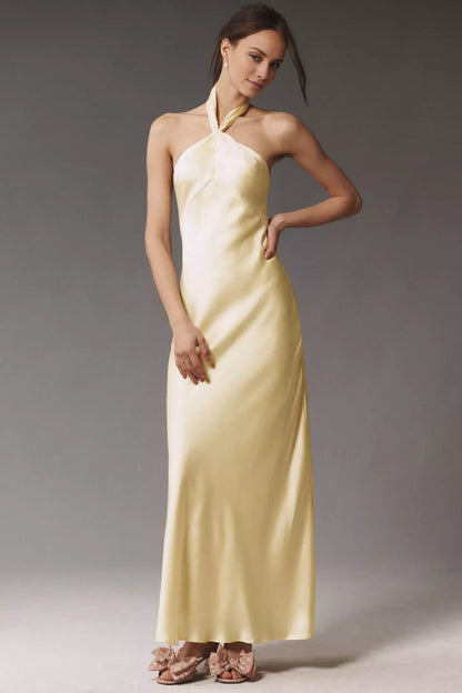Straight neck hanging collar off shoulder sleeveless backless and floor length Prom dress