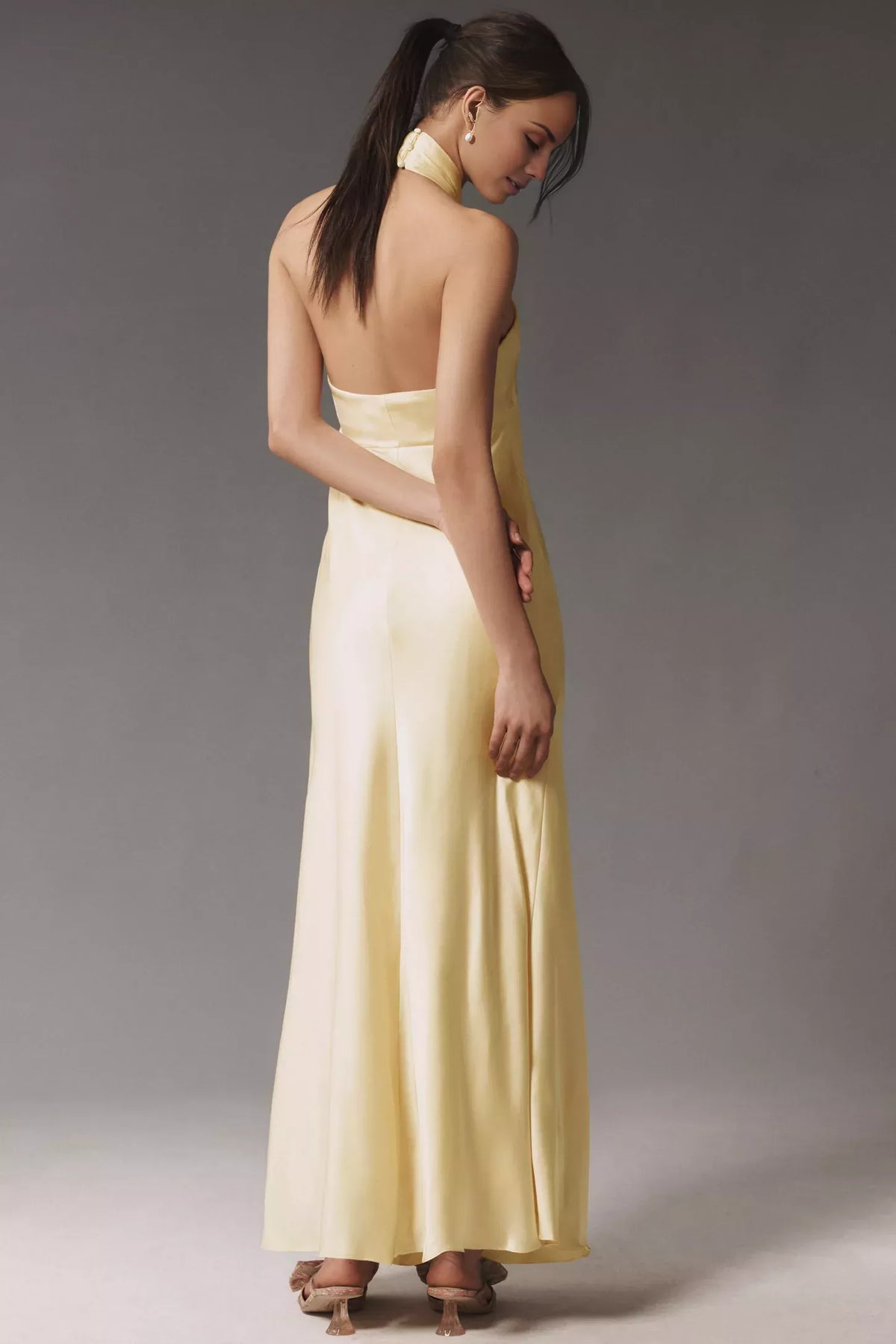 Straight neck hanging collar off shoulder sleeveless backless and floor length Prom dress