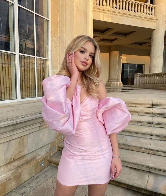 Charming Sweetheart Pink Bubble Sleeves Design A-line Satin Homecoming Dress TP3598