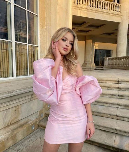 Charming Sweetheart Pink Bubble Sleeves Design A-line Satin Homecoming Dress TP3598