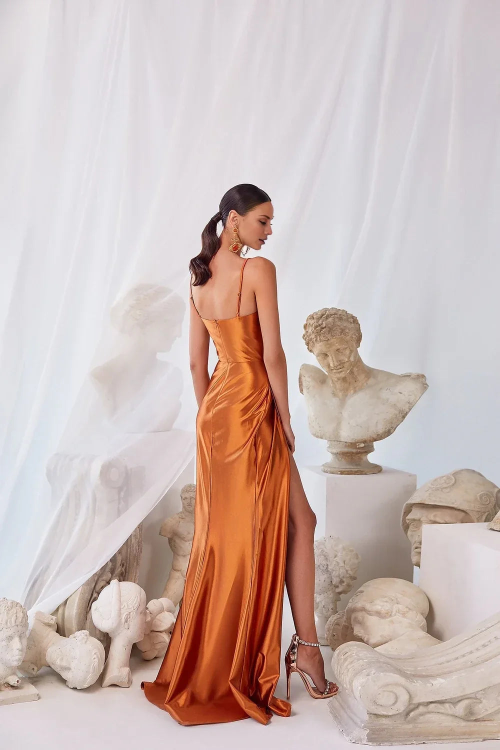 Sweetheart collar thin shoulder straps side slit and floor length evening dress