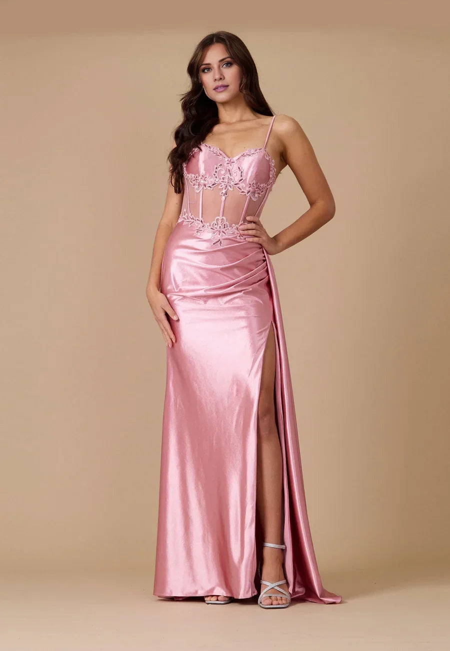Sweetheart neckline thin shoulder straps lace stickers floral dew back slit and floor length Prom dress