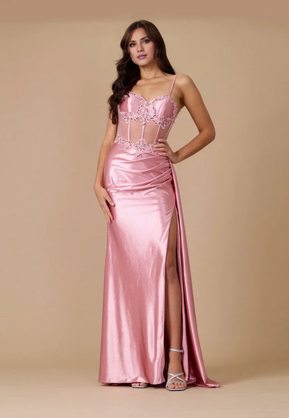 Sweetheart neckline thin shoulder straps lace stickers floral dew back slit and floor length Prom dress