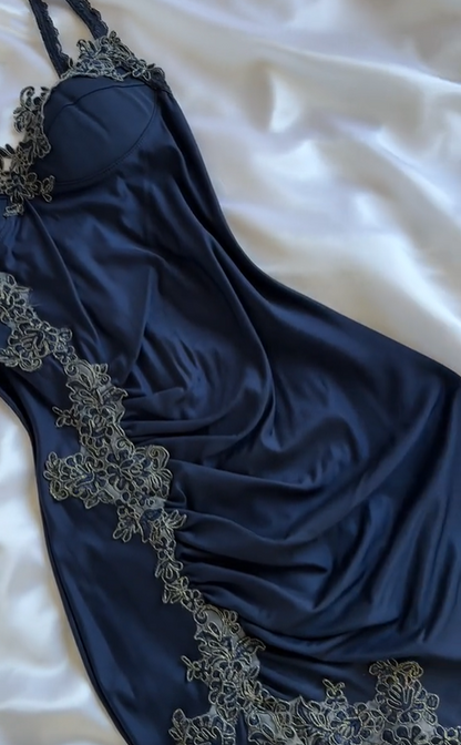 Vintage Navy Blue Satin Lace Appliques Mermaid Evening Dress Prom Dress Y8497