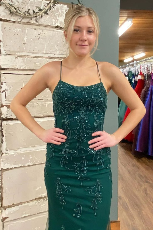 Sexy Backless Mermaid Green Tulle Beaded Long Prom Dress Formal Evening Gown cc2161