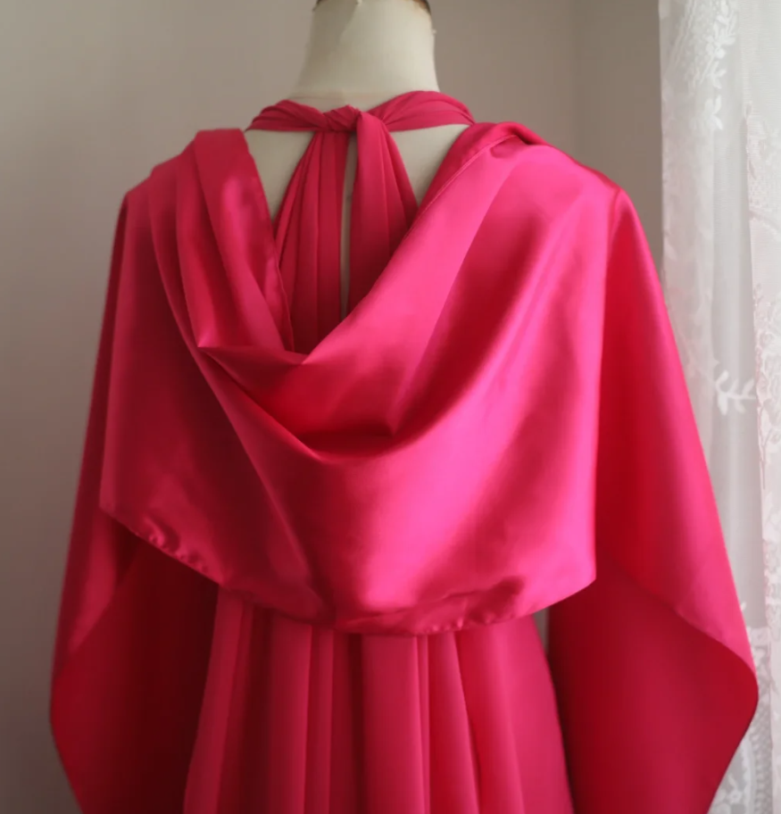 Glamorous Halter Hot Pink Satin Chiffon Mermaid Long Party Dress Formal Birthday Prom Gowns With Cape