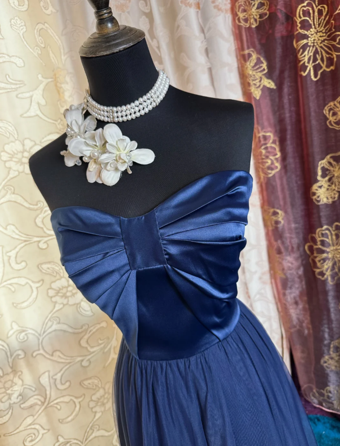 Simple Strapless Satin Tulle A Line Long Wedding Guest Dress Navy Blue Evening Dress Prom Gown SP1620
