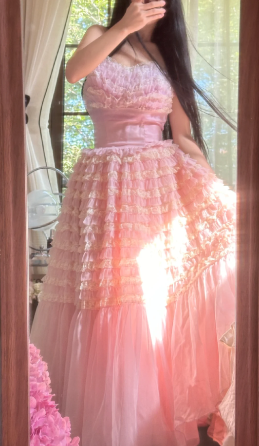 Sweet Strapless Pink Tulle Pleated A Line Long Party Dress Princess Birthday Prom Gowns