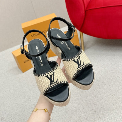 LOUIS VUITTON HELIOS WEDGE SANDAL RAFFIA BLACK