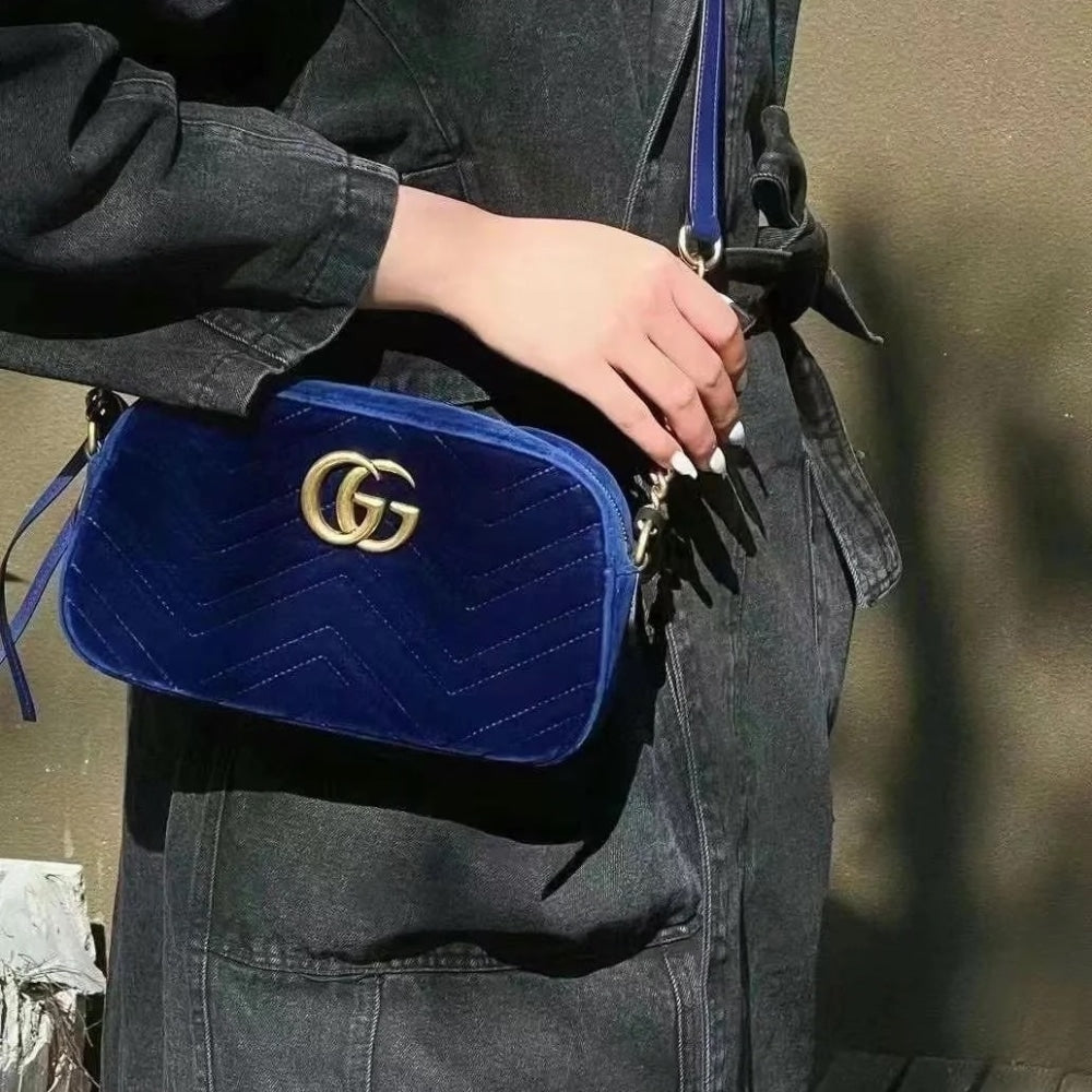Gucci GG Marmont Small Camera Bag Velvet Dark Blue 23Cm