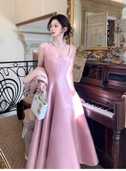 Elegant Pink Sleeveless Satin A Line Long Birthday Evening Dress Formal Wedding Guest Dress SP1652