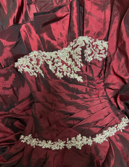 Charming Burgundy Ball Gown Strapless Beaded Appliques Satin Layered Birthday Quinceanera Dress