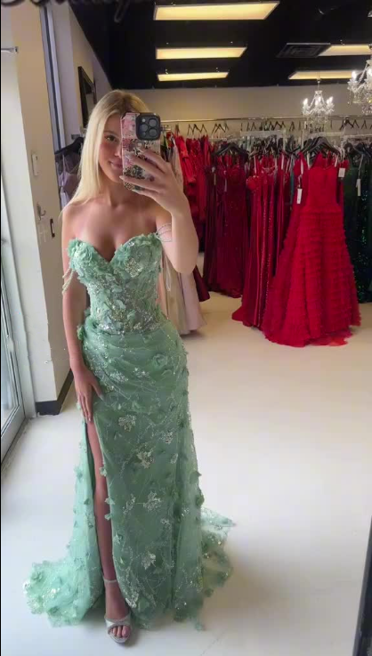 Elegant Green Tulle Applique Beaded Slit Prom Dress Long Mermaid Party Gown SP1320