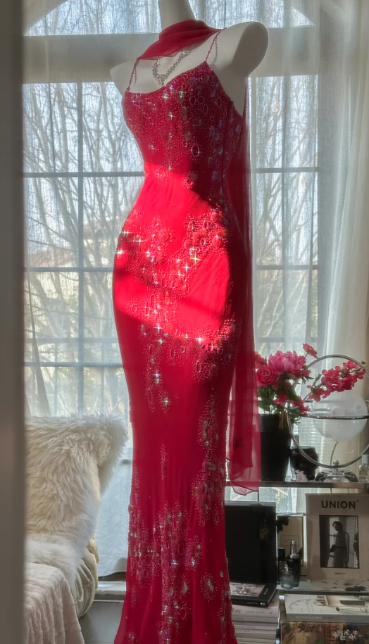 Pretty Red Spaghetti Straps Chiffon Beaded Mermaid Evening Dress Long Birthday Party Dress Prom Gown