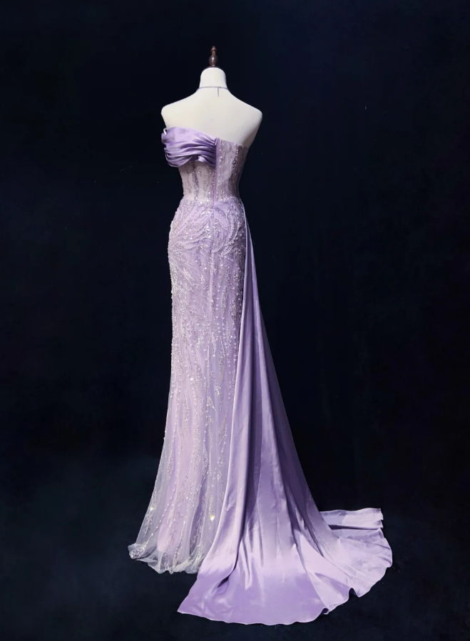 Glamorous  Strapless Lavender Tulle Satin Beaded Slit Mermaid Evening Dress Long Birthday Prom Gowns SP1965