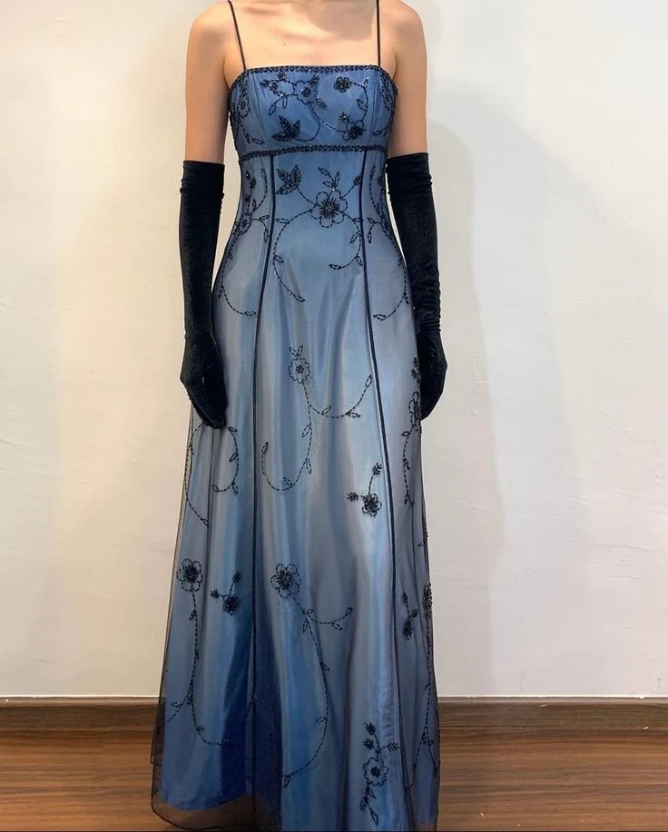 Gorgeous Spaghetti Straps Blue Tulle Beaded Mermaid Eevening Dress Long Birthday Party Gown