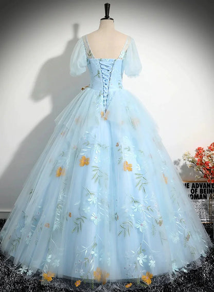 Light Blue Tulle Floor Length Prom Dress, Beautiful Short Sleeves Sweet 16 Dress TP1101