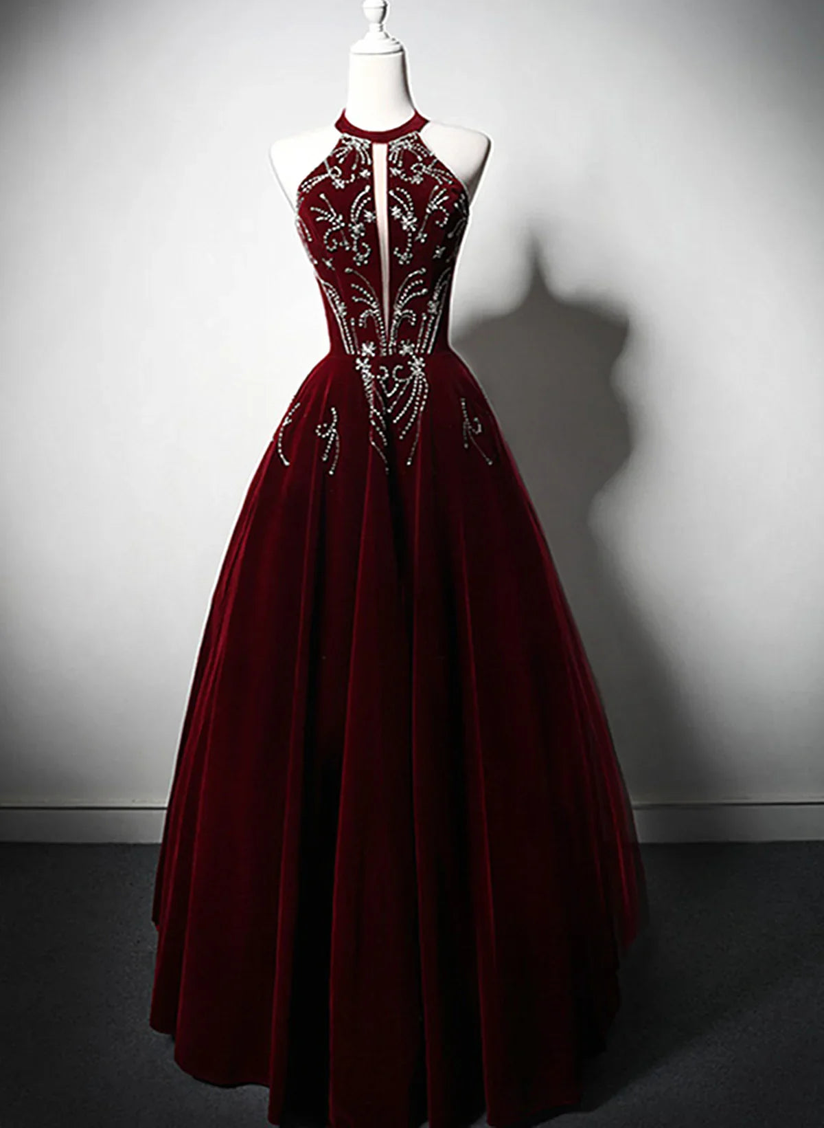 Beautiful Wine Red Velvet Long Evening Dress, Beaded Wine Red Party Dress Formal Dress TP1127